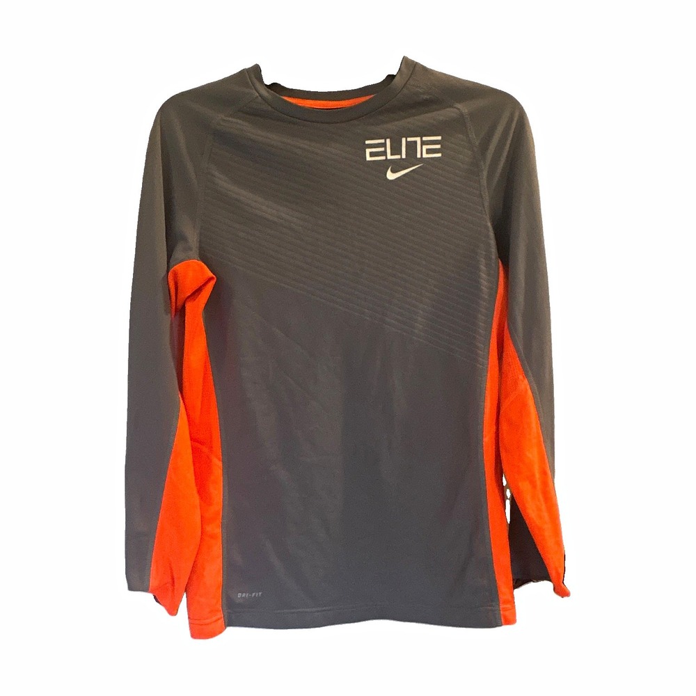 Nike Elite Dri-FIT Youth XL Gray/Orange Colorblock Long Sleeve Crew Tee